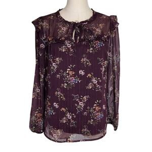 Purple Floral Long Sleeve Blouse W Metallic Threads By Fortune + Ivy Womens PM